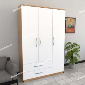 Front White Side Oak 3 Door Wardrobe With 2 Bottom Drawers