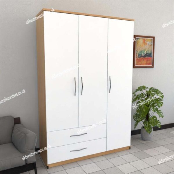 Front White Side Oak 3 Door Wardrobe With 2 Bottom Drawers