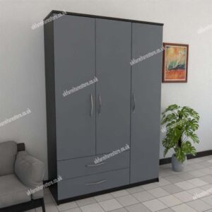 Front Gray Side Black 3 Door Wardrobe With 2 Bottom Drawers