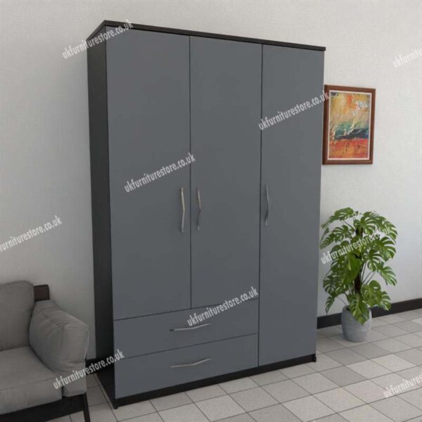 Front Gray Side Black 3 Door Wardrobe With 2 Bottom Drawers