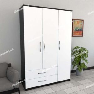 Front White Side Black 3 Door Wardrobe With 2 Bottom Drawers