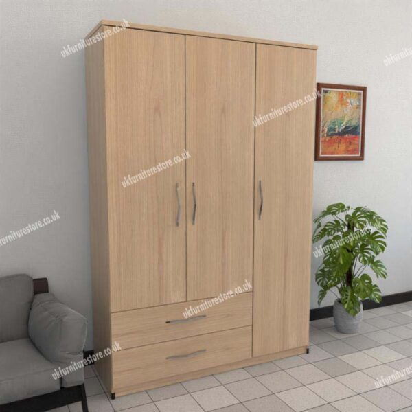 Oak 3 Door Wardrobe With 2 Bottom Drawers