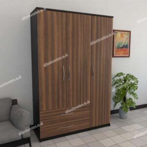 Front Walnut Side Black 3 Door Wardrobe With 2 Bottom Drawers