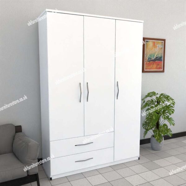 White 3 Door Wardrobe With 2 Bottom Drawers