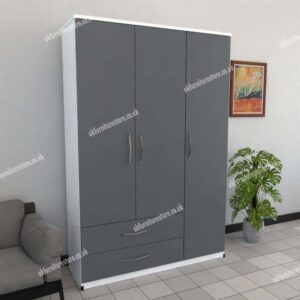 Front Gray Side White 3 Door Wardrobe With 2 Bottom Drawers