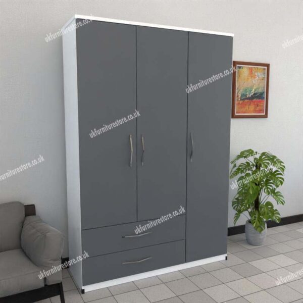 Front Gray Side White 3 Door Wardrobe With 2 Bottom Drawers