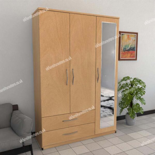 Beech 3 Door Wardrobe With 1 Mirror and 2 Bottom Drawers