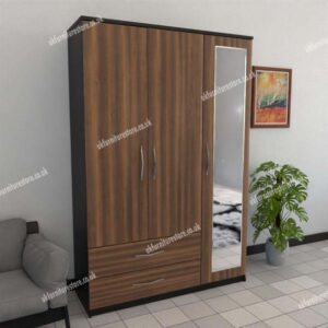 Front Walnut Side Black 3 Door Wardrobe With 1 Mirror and 2 Bottom Drawers