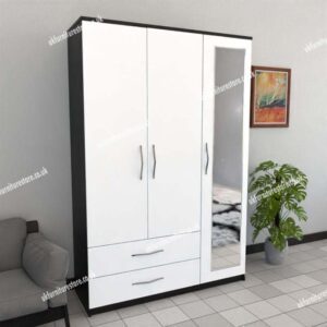 Front White Side Black 3 Door Wardrobe With 1 Mirror and 2 Bottom Drawers