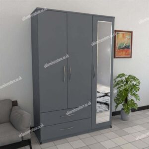 Gray 3 Door Wardrobe With 1 Mirror and 2 Bottom Drawers