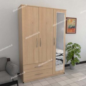 Oak 3 Door Wardrobe With 1 Mirror and 2 Bottom Drawers