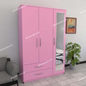 Pink 3 Door Wardrobe With 1 Mirror and 2 Bottom Drawers