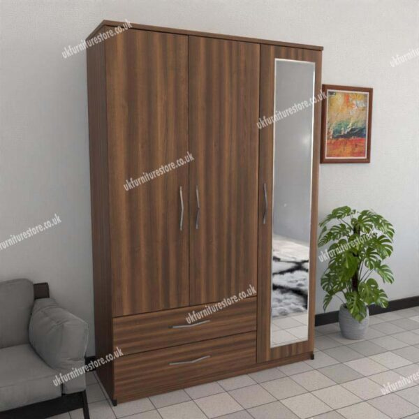 Walnut 3 Door Wardrobe With 1 Mirror and 2 Bottom Drawers