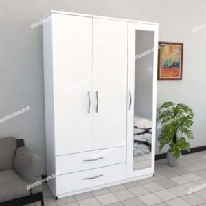 White 3 Door Wardrobe With 1 Mirror and 2 Bottom Drawers