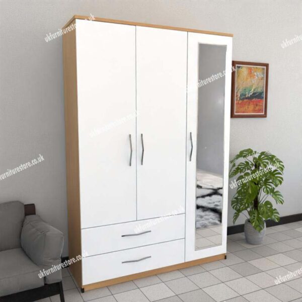 Front White Side Oak 3 Door Wardrobe With 1 Mirror and 2 Bottom Drawers