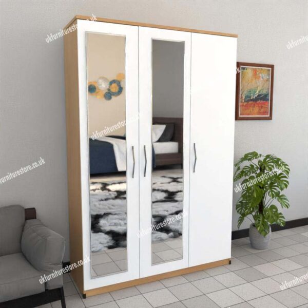 Front White Side Beech 3 Door Wardrobe With 2 Mirrors