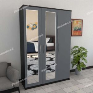 Front Gray Side Black 3 Door Wardrobe With 2 Mirrors
