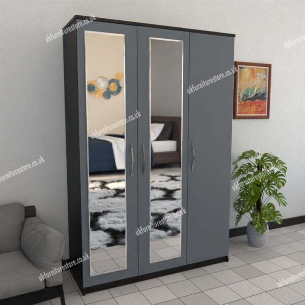 Front Gray Side Black 3 Door Wardrobe With 2 Mirrors