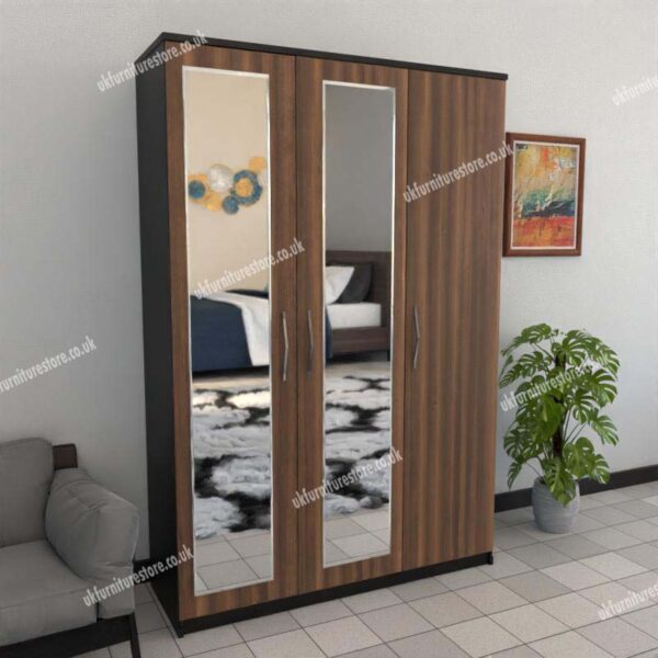 Front Walnut Side Black 3 Door Wardrobe With 2 Mirrors