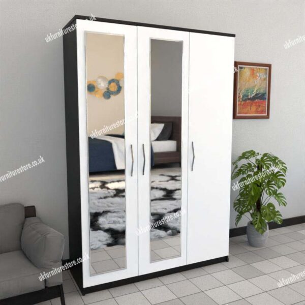 Front White Side Black 3 Door Wardrobe With 2 Mirrors
