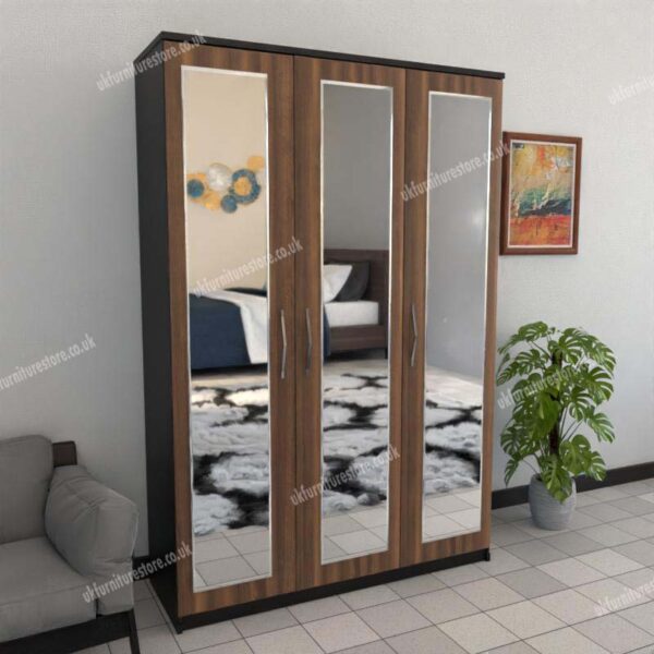 Front Walnut Side Black 3 Door Wardrobe With 3 Mirrors