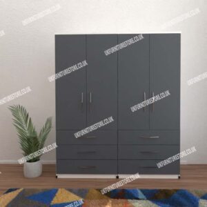 Front Gray Side White 4 Door Wardrobe With 6 Bottom Drawers