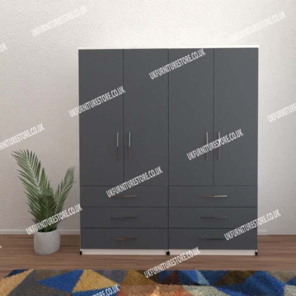 Front Gray Side White 4 Door Wardrobe With 6 Bottom Drawers