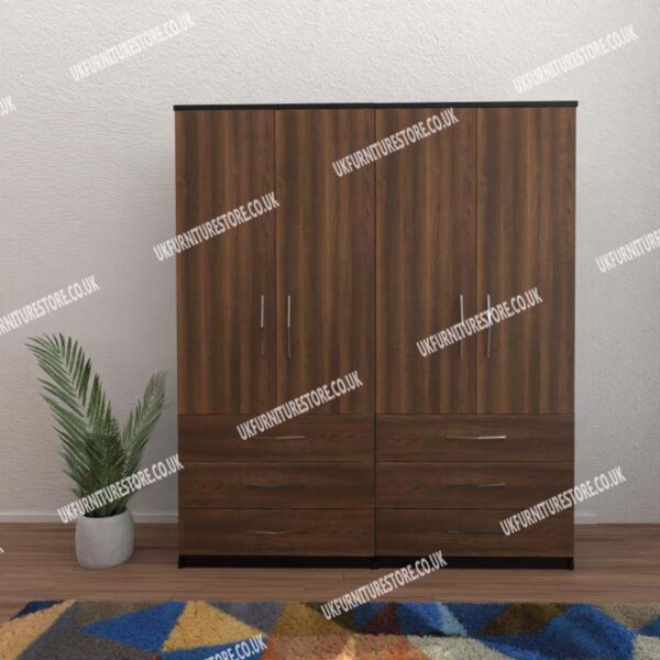 Front Walnut Side Black 4 Door Wardrobe With 6 Bottom Drawers