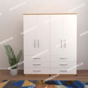 Front White Side Beech 4 Door Wardrobe With 6 Bottom Drawers