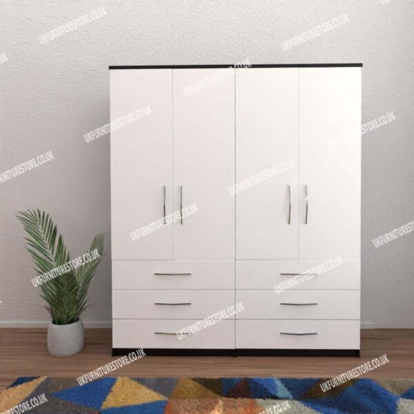 Front White Side Black 4 Door Wardrobe With 6 Bottom Drawers