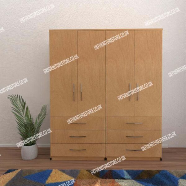Beech 4 Door Wardrobe With 6 Bottom Drawers