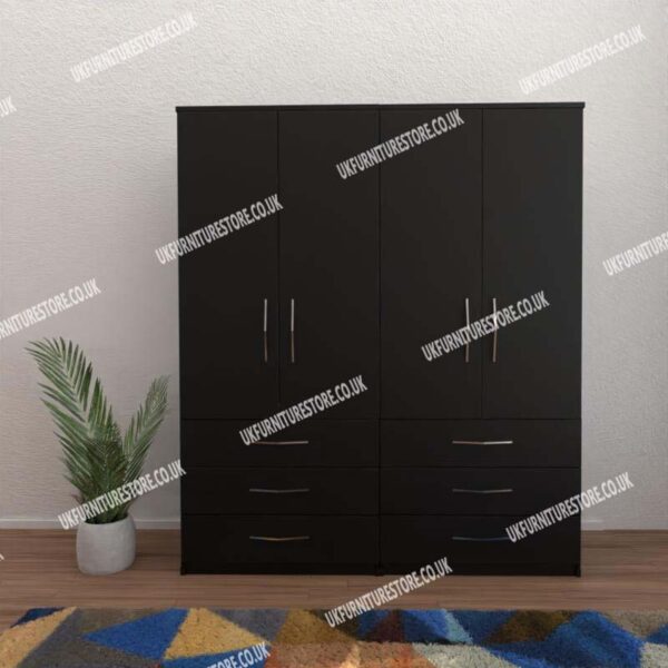 Black 4 Door Wardrobe With 6 Bottom Drawers