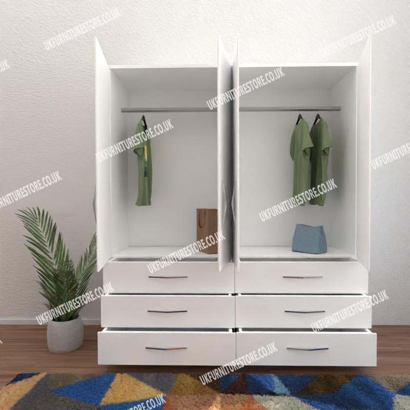 White 4 Door Wardrobe With 6 Bottom Drawers