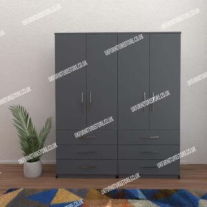 Gray 4 Door Wardrobe With 6 Bottom Drawers