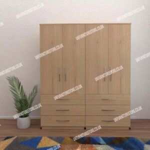 Oak 4 Door Wardrobe With 6 Bottom Drawers