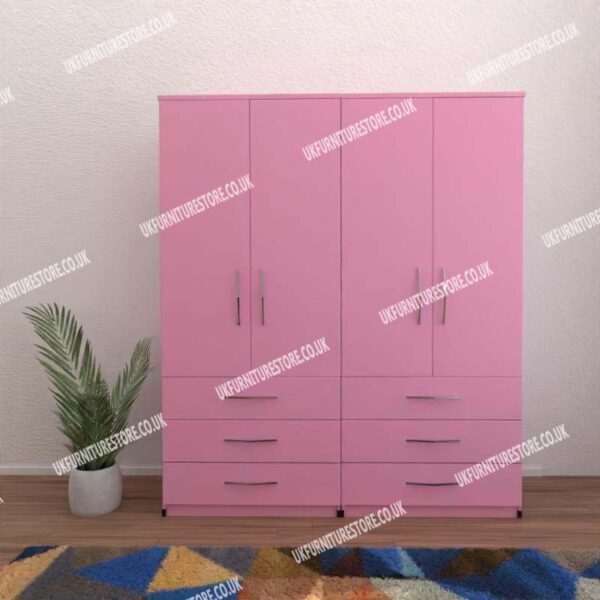 Pink 4 Door Wardrobe With 6 Bottom Drawers