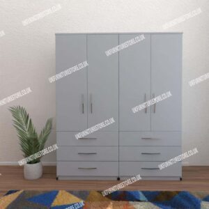 Silver 4 Door Wardrobe With 6 Bottom Drawers