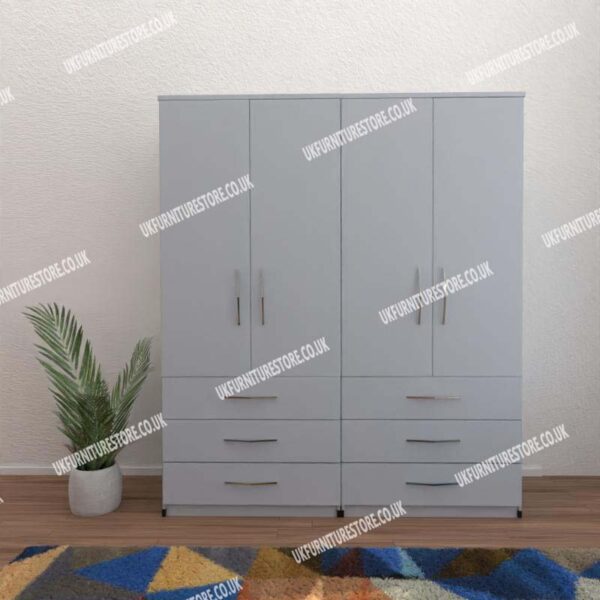 Silver 4 Door Wardrobe With 6 Bottom Drawers