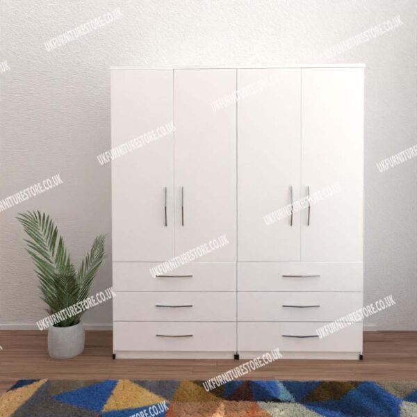 White 4 Door Wardrobe With 6 Bottom Drawers