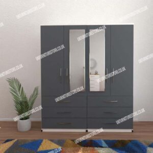Front Gray Side White 4 Door Wardrobe With 2 Mirrors and 6 Bottom Drawers