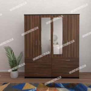 Front Walnut Side Black 4 Door Wardrobe With 2 Mirrors and 6 Bottom Drawers