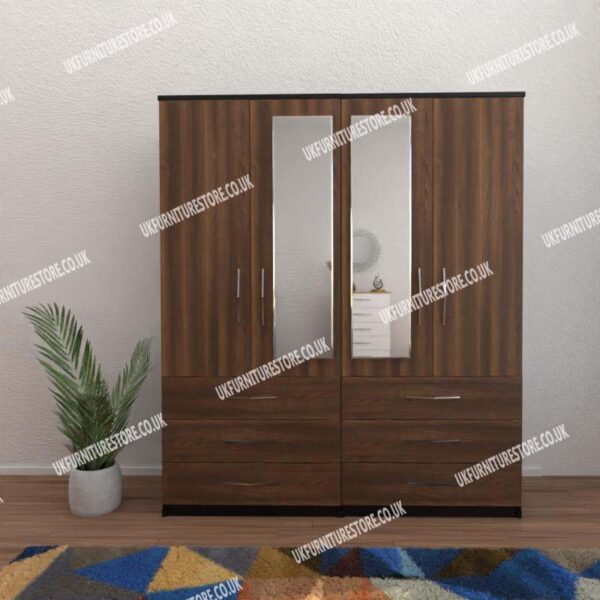 Front Walnut Side Black 4 Door Wardrobe With 2 Mirrors and 6 Bottom Drawers