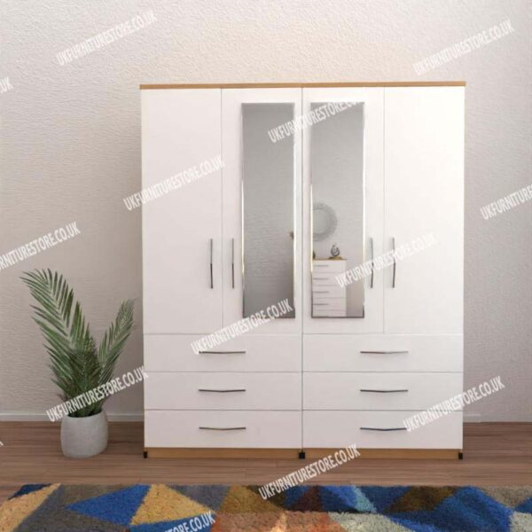 Front White Side Beech 4 Door Wardrobe With 2 Mirrors and 6 Bottom Drawers