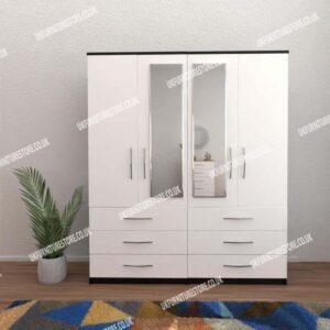 Front White Side Black 4 Door Wardrobe With 2 Mirrors and 6 Bottom Drawers