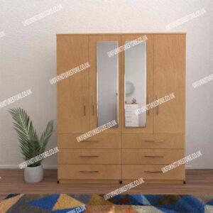 Beech 4 Door Wardrobe With 2 Mirrors and 6 Bottom Drawers