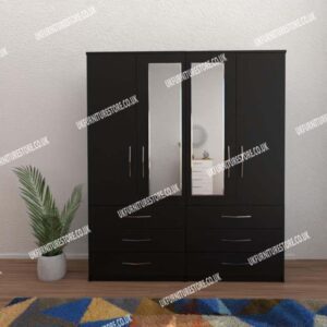 Black 4 Door Wardrobe With 2 Mirrors and 6 Bottom Drawers
