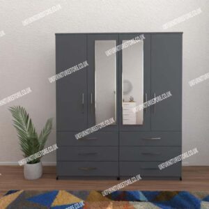 Gray 4 Door Wardrobe With 2 Mirrors and 6 Bottom Drawers