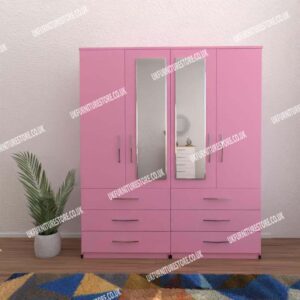 Pink 4 Door Wardrobe With 2 Mirrors and 6 Bottom Drawers