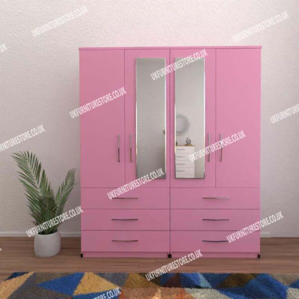 Pink 4 Door Wardrobe With 2 Mirrors and 6 Bottom Drawers