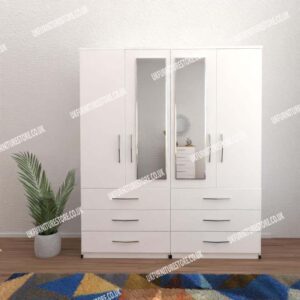White 4 Door Wardrobe With 2 Mirrors and 6 Bottom Drawers